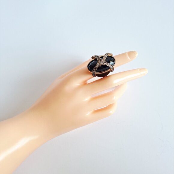 New Angelique de Paris Large Black Gold Plated Cage Ring Size 6 - Picture 14 of 15